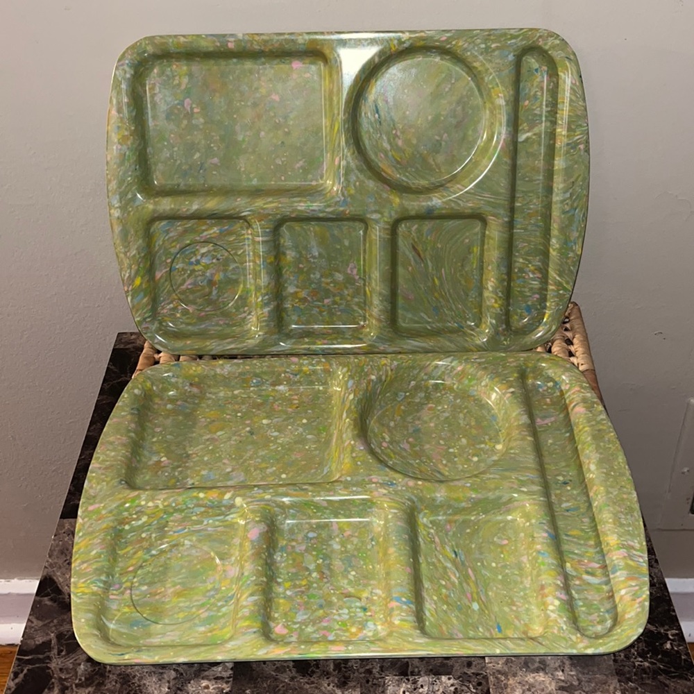 2 Vintage Prolon Ware Melamine School Cafeteria Lunch Trays Green Confetti
